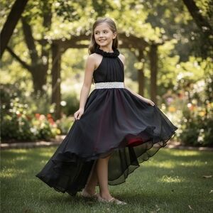 Custom Black & Red Chiffon Dress ✦ Girls 6 ✦ Handmade Roses Sparkle Sash Formal